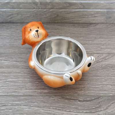 Cute Pet Feeding Bowl Dog Shaped Ceramic Holder Metal Bowl