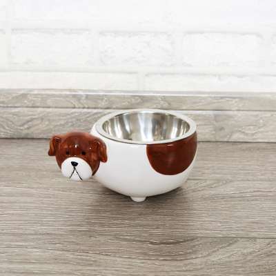 Lovely Pet Feeding Bowl Dog Shaped Ceramic Holder Metal Bowl