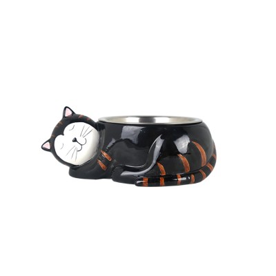 Cute Pet Feeding Bowl Cat Shaped Ceramic Holder Metal Bowl