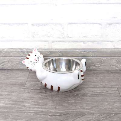 Luxury Cute Pet Feeding Bowl Cat Shaped Ceramic Holder Metal Bowl