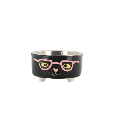 Luxury Cute Pet Feeding Bowl Glasses Pictured Black Ceramic Pet Bowl